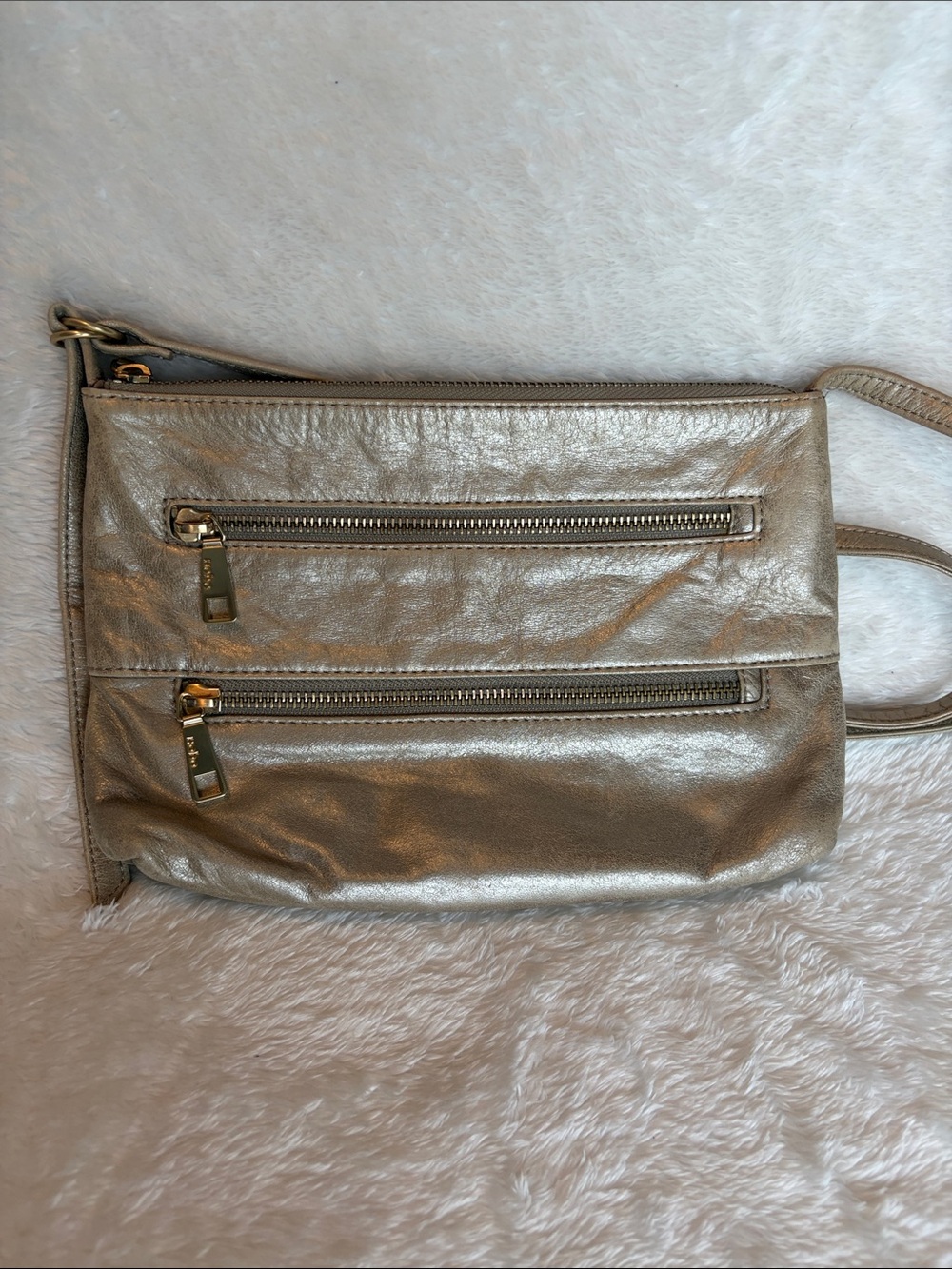 HOBO The Original Metallic Gold Leather Crossbody Bag Double Zip Pockets